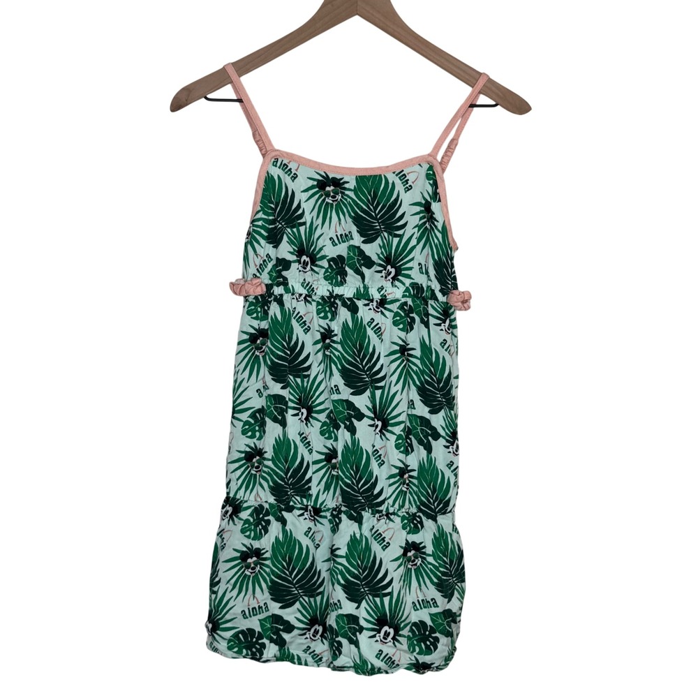 Disney Aulani Kids Medium Green Tropical Mickey Mouse Aloha Tiered Dress Hawaii